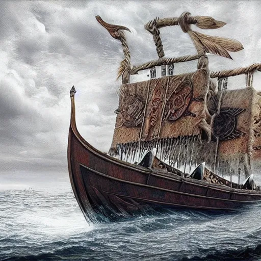 Image similar to fantasy art hyper realistic ai created interesting bizarre viking boat fantastic art award winning best ultra detailed magnificent