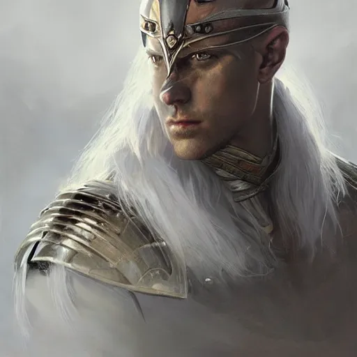 Image similar to portrait of knight, white eyes, white mid hair, scar on face, handsome, elegant, intricate, headshot, highly detailed, digital painting, artstation, concept art, sharp focus, illustration, art by artgerm and greg rutkowski and alphonse mucha