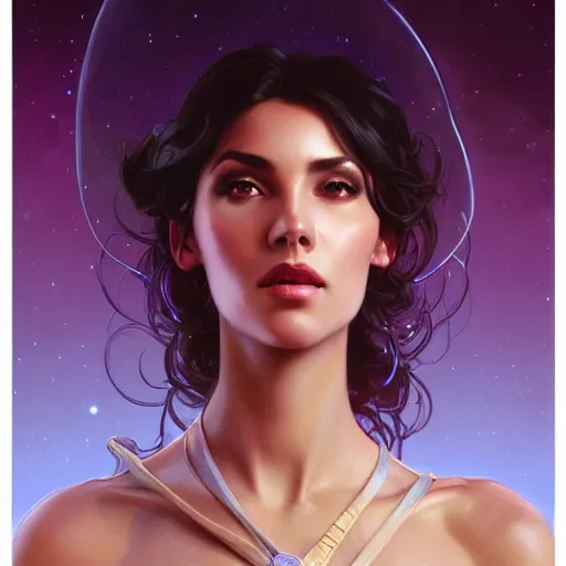 Image similar to Portrait of very very very very very very beautiful Latina woman, spacesuit, purple eyes, intricate, elegant, highly detailed, digital painting, artstation, concept art, smooth, sharp focus, illustration, art by artgerm and greg rutkowski and alphonse mucha