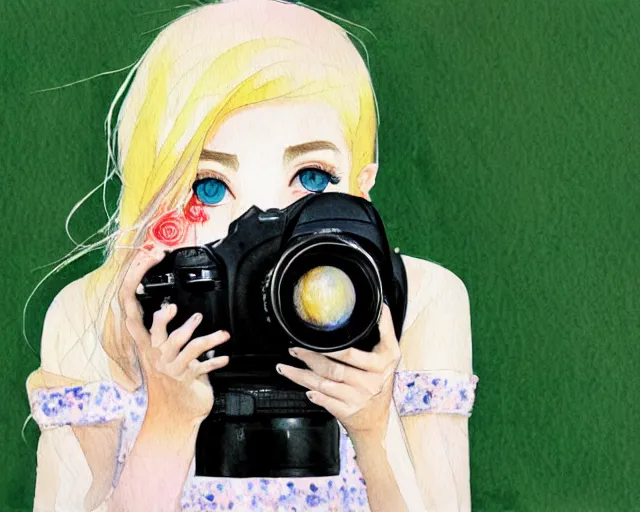 Image similar to pale young woman with bright blonde hair, freckles, big bright eyes and a very wide face, flowery dress, she is holding a professional dslr camera close to her face with her hands, expressive, surrealism, emotional watercolor art by conrad roset