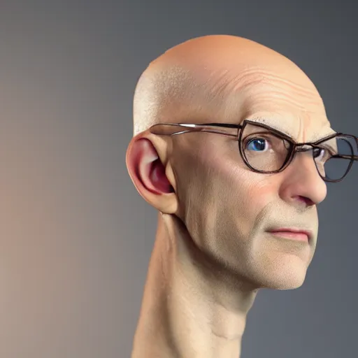 Image similar to A middle-aged Dr. Venture in real life with a hooked nose, a long gaunt face and skinny body and neck, very thin and bald, realistic, very realistic, hyperrealistic, highly detailed, very detailed, extremely detailed, detailed, digital art, oil painting, trending on artstation, headshot and bodyshot, detailed face, very detailed face, extremely detailed face, HD Quality, 8k resolution, very very detailed face, real life