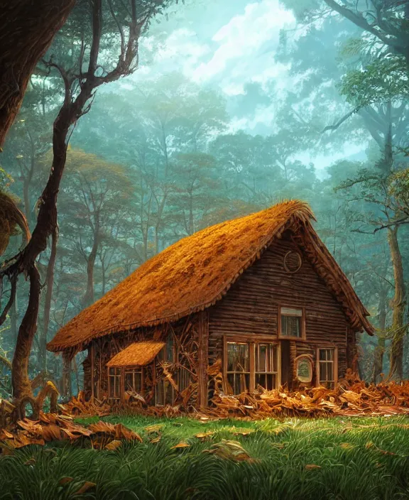 Image similar to a mammoth schoolhouse made from leaves, overgrown with huge exotic fungus, deep in the woods, noon, sun drenched, partly cloudy, by dan mumford, yusuke murata, makoto shinkai, ross tran, cinematic, unreal engine, cel shaded, featured on artstation, pixiv