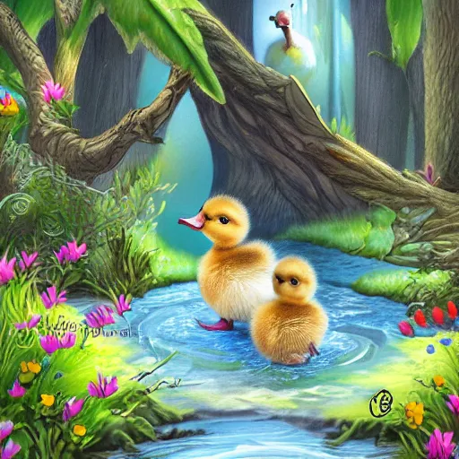 Image similar to two baby ducklings going on an adventure, fantasy, detailed digital art,