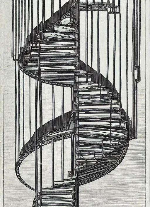 Image similar to an art nouveau illustration of an axonometric view of a spiral staircase by theo van doesburg