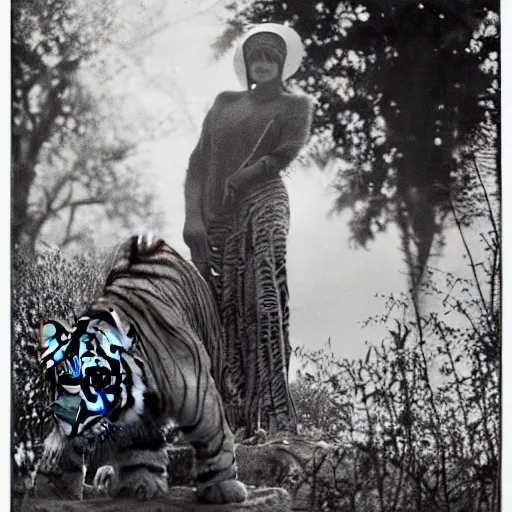 Image similar to woman from rising silent posing with a tiger in a garden, 1 9 2 0 s photography, trending on unsplash, black and white photography, intricately defined, complexly detailed, 4 k photorealism, golden ratio!!!!!, centered!!!!!