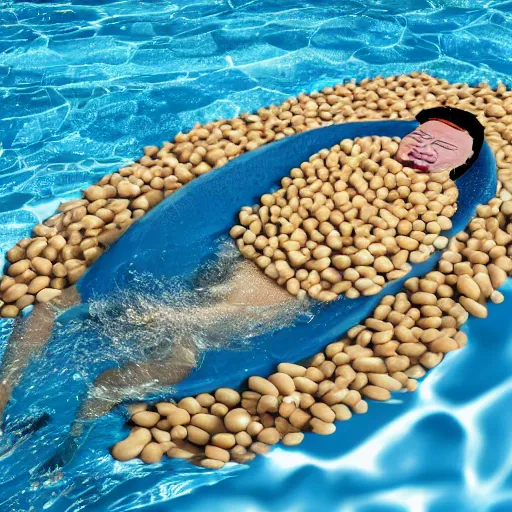 Prompt: photorealistic of the leader of the united kingdom swimming in a pool of beans