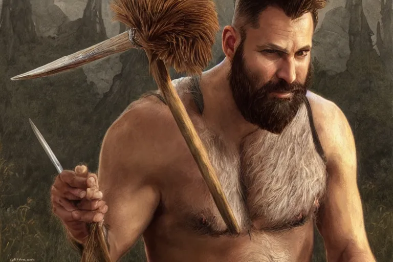 Image similar to photorealistic full body portrait of a gruff ranger with a spear, lean and toned, handsome face, hairy chest and hairy body, D&D, intricate, elegant, highly detailed, digital painting, artstation, concept art, matte, sharp focus, chiaroscuro, well list, illustration, art by Artgerm and Greg Rutkowski and Alphonse Mucha