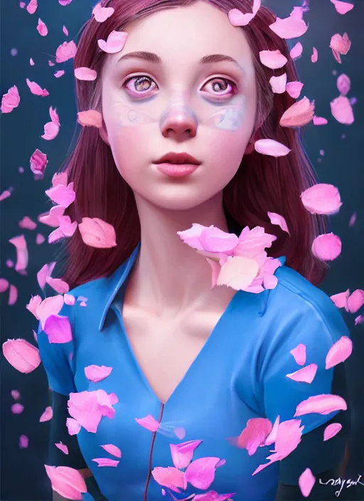 Image similar to wendys restaurant girl covered in translucent blue and pink leaf and petals in the style of stefan kostic, cute - fine - face, dasha taran, backlit, refracted lighting, elegant, half body shot, 8 k, insanely detailed, intricate, art by stanley lau, artgerm, wlop, kuvshinov ilya,