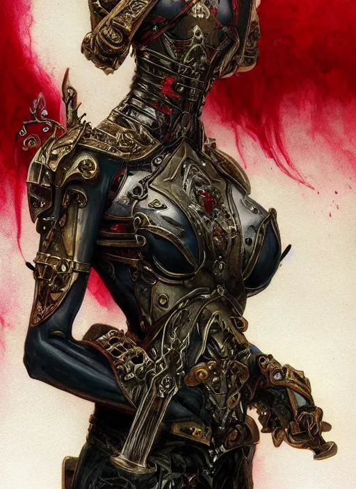 Image similar to portrait of beautiful pale gothic muscular maiden with sword, covered in blood, warhammer 40000, cyberpunk, intricate, elegant, highly detailed, digital painting, artstation, concept art, smooth, sharp focus, illustration, art by artgerm and greg rutkowski and alphonse mucha and Gustav Klimt and Ilya Kuvshinov