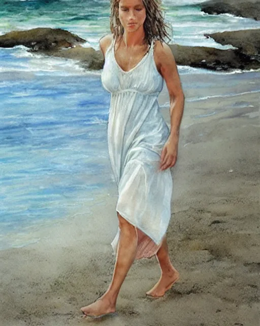 Image similar to a photorealistic watercolor of a woman with translucent white dress walking by the beach, by Steve Hanks, highly detailed and realistic, intricate HD, emotional realism