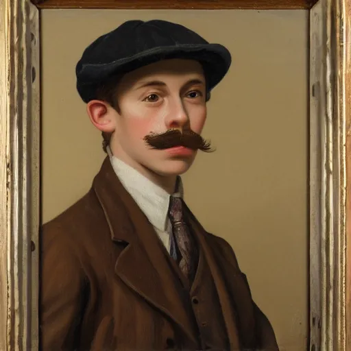 Image similar to portrait of a british young man in a flat cap, a small mustache, and a nice brown suit, oil painting