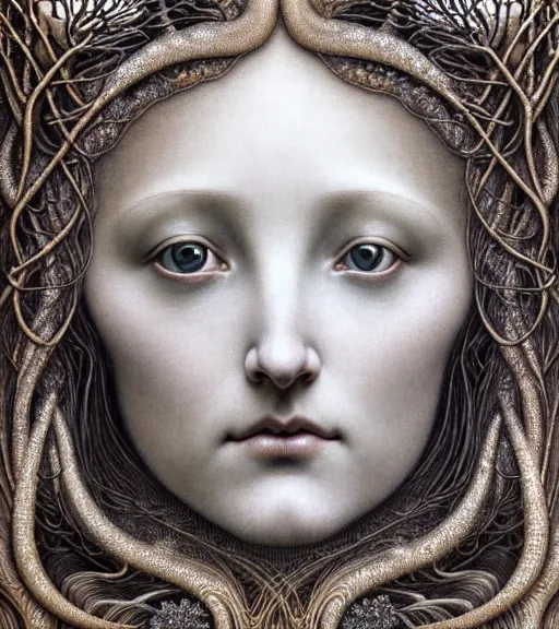 Image similar to detailed realistic beautiful winter goddess face portrait by jean delville, gustave dore, iris van herpen and marco mazzoni, art forms of nature by ernst haeckel, art nouveau, symbolist, visionary, gothic, neo - gothic, pre - raphaelite, fractal lace, intricate alien botanicals, ai biodiversity, surreality, hyperdetailed ultrasharp octane render