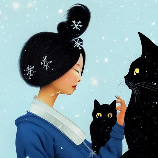 Image similar to full body icon stylized minimalist an asian girl with geisha makeup holding a cute black cat surrounded by snowflakes, loftis, cory behance hd by jesper ejsing and zdzisław beksinski and norman rockwell and greg rutkowski weta studio, and lucasfilm - c 1 0