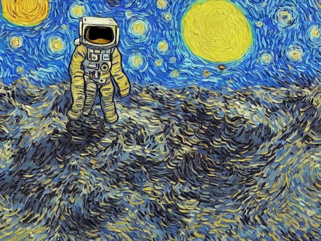 Image similar to bright beautiful oil painting of astronaut lands on a planet made of silly ghosts, light scatter, van gogh