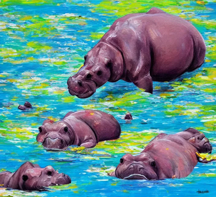 Image similar to a shallows with hippopotamuses. in a neo - figurative art style. using action painting.