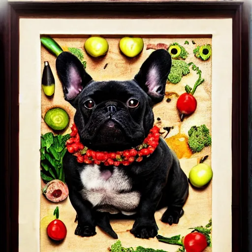 Image similar to black french bulldog made of fruits and vegetables by giuseppe arcimboldo