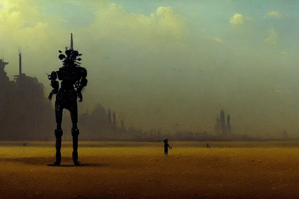 Image similar to sci-fi painting of a large alien city on the vast wheat fields, the closed back view of only one humanoid robot on the ground, by Ivan Aivazovsky, godrays, detailed