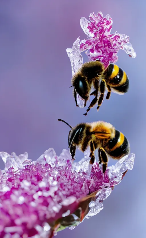 Image similar to a bee finding a beautiful flower, both entrapped in ice, only snow in the background, beautiful macro photography, ambient light