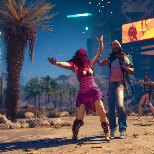 Image similar to Dancing hippies in the desert. Cyberpunk 2077. CP2077. 3840 x 2160