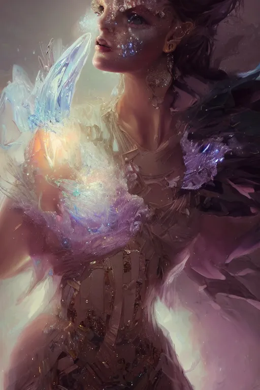 Image similar to torso closeup model wearing exploding ice crystal dress, sorcerer, diamonds, angel, fantasy, dramatic lighting, highly detailed, digital painting, holding electricity, magic the gathering, hyper detailed, 3 d render, hyper realistic detailed portrait, peter mohrbacher, wlop, ruan jia