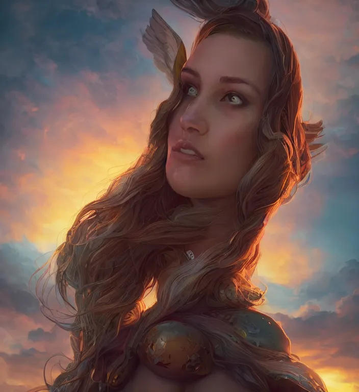 Image similar to centered waist up portrait photography an angel + bokeh + DOF + 8k, photorealistic + rendered in unreal engine + colors and composition by Peter Mohrbacher + line work by Dan Mumford , ultra realistic + backlit + strong rimlight, sunset + HDRI, HD, Photoreal