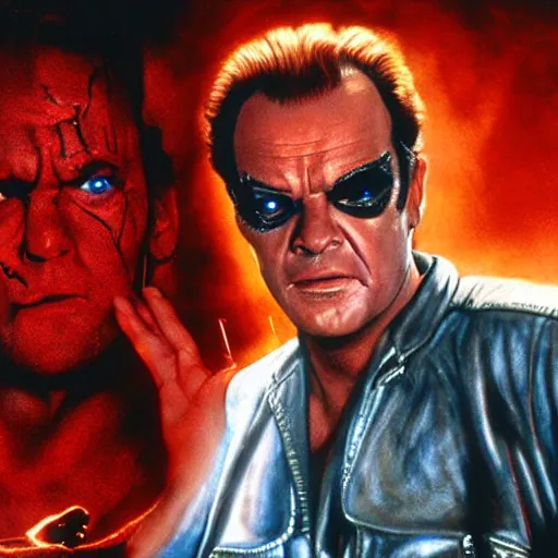 Prompt: VFX movie where Jack Nicholson plays the Terminator with a glowing red eye