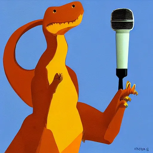 Prompt: “dinosaur singing karaoke detailed trex happy podcast national geographic figure minimalism Edward Cooper Matisse digital art oil painting”