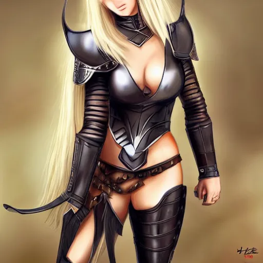 Prompt: a beautiful woman wearing leather armor, blonde, long hair, muscular, pixiv, hyperrealistic