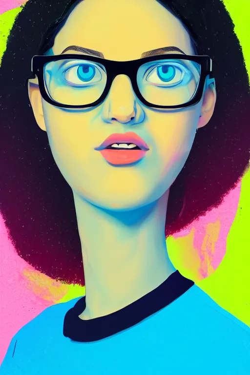 Prompt: an expressive profile portrait painting of a gen z female student with thick - rimmed glasses, in the style of an original beeple digital art painting, vaporwave cartoon