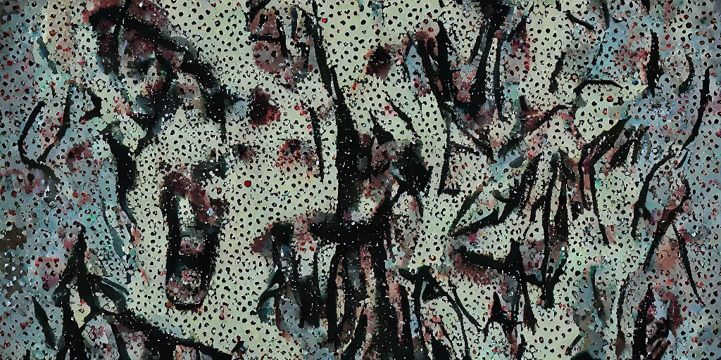 Image similar to camo made of teeth, smiling, abstract, francis bacon artwork, cryptic, dots, stipple, lines, splotch, color tearing, pitch bending, faceless people, dark, ominious, eerie, minimal, points, technical, old painting