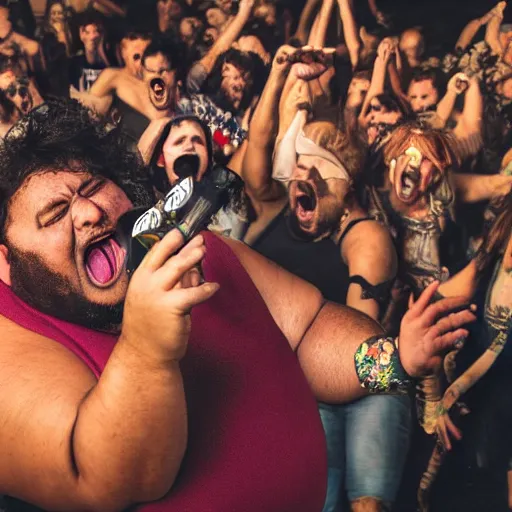 Image similar to a fat gipsy man screams into a mic during a huge party, award winning photograph, colorful