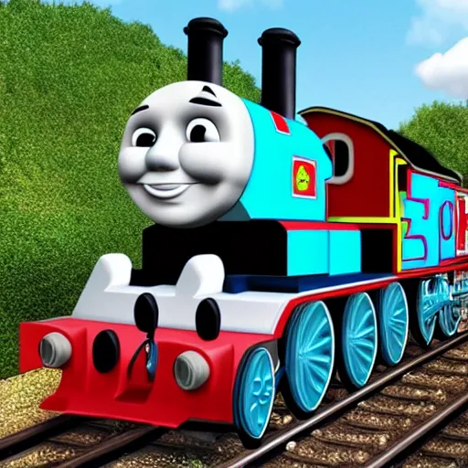 Image similar to hyper detailed photo realistic thomas the tank engine with a white face going fast