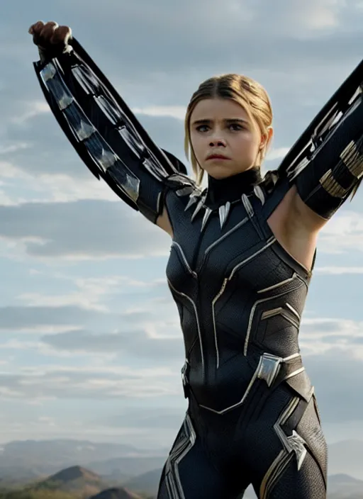 Image similar to film still of chloe grace moretz as black panther, 4 k