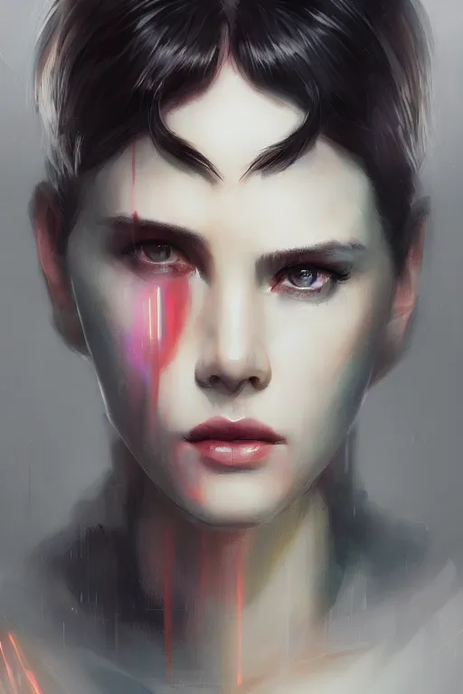 Prompt: jessica from bladerunner, seductive look, chromatic aberration, hyper realistic, highly detailed, digital painting, trending on artstation, concept art, sharp focus, illustration, art by wlop and artgerm and greg rutkowski and ayami kojima