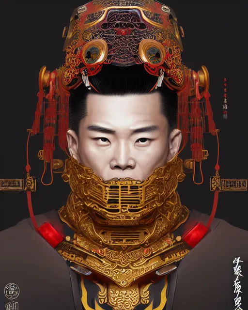 Image similar to portrait of a chinese masculine male cyberpunk machine, machine face, upper half portrait, decorated with chinese opera motifs, muscular, asian, fine china, wuxia, traditional chinese art intricate intense elegant 京 剧 highly detailed symmetry headpiece digital painting artstation concept art smooth sharp focus illustration, art by artgerm and greg rutkowski alphonse mucha 8 k