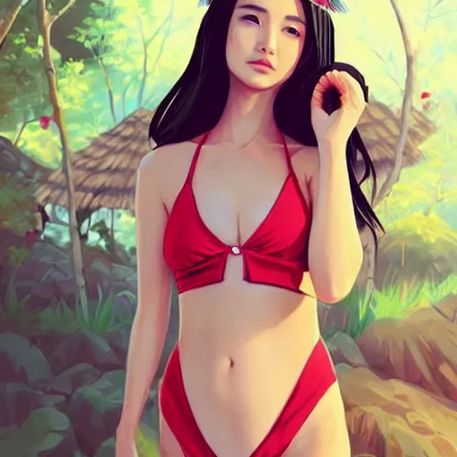 Image similar to a beautiful young japanese natalie portman alluring gravure model, stylized concept art, wearing elegant designer bomber jacket and one piece bikini, bomber jacket with mesoamerican patterns, mesoamerican native street fashion, princess mononoke, painted by ilya kuvshinov aesthetic, gorgeous, stunning, alluring, attractive, artstation, pinterest, digital art