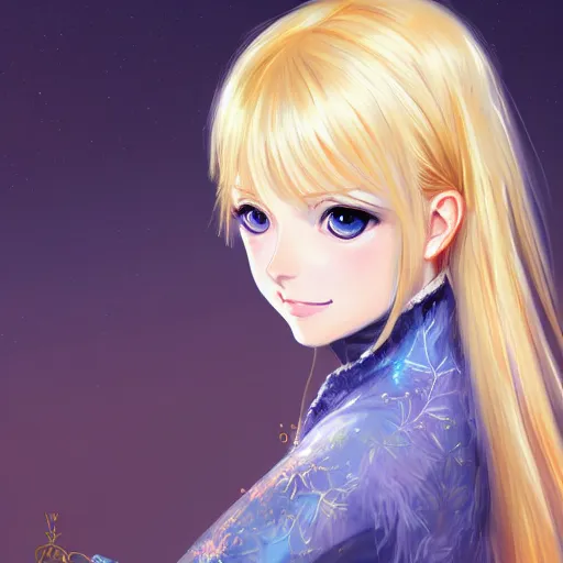 Prompt: portrait of a beautiful cute blonde nisekoi with big blue eyes, fantasy, intricate, elegant, highly detailed, digital painting, artstation, concept art, smooth, sharp focus, illustration