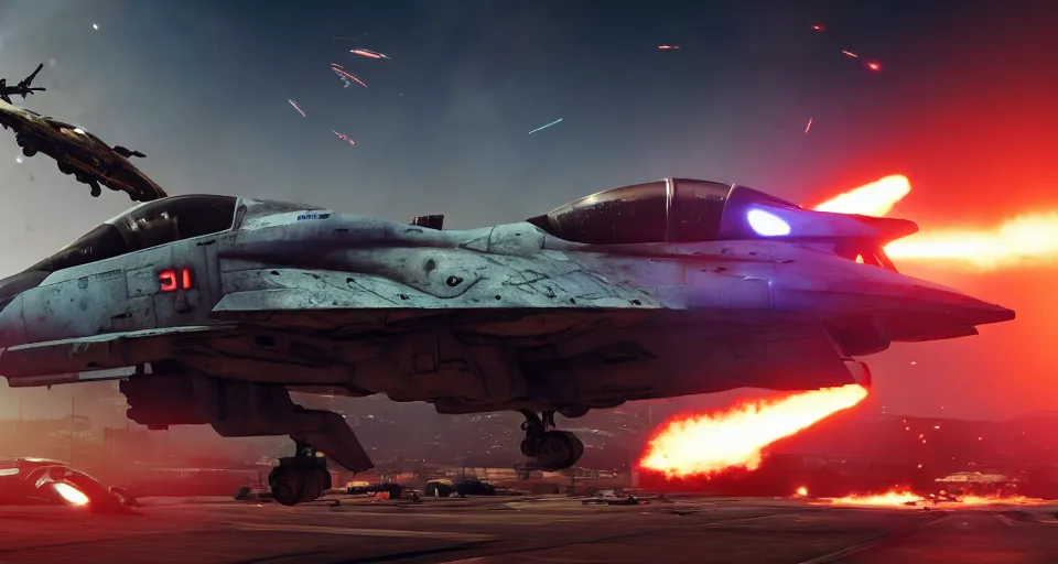 Prompt: macro closeup photo of mass effect harrier jump jet being chased in a post apocalyptic fallout 4 city, 3 pm, smoke, dust, embers, mad max, action, speed, rocket league, volumetric lighting, hdr, need for speed, gta 5, ridley scott, syd mead, craig mullins, cinematic, blade runner, octane