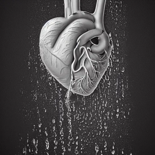 Prompt: A heart full of rain, a heart made of rain, raining in my heart, raindrops, a sad heart made of water, rain pouring from the heart, anatomical heart, realistic, highly detailed, ornate, mysterious, beautiful, photo, hyerrealistic, rendered in octane