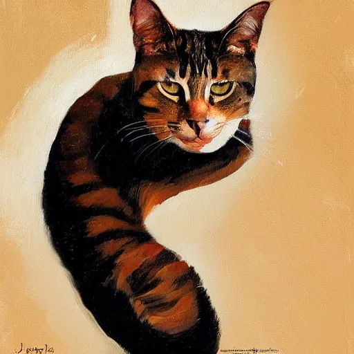 Image similar to playful cat, plain background, ( in the style of jc leyendecker ), phil hale, angular, brush strokes, painterly, crisp, portrait of a cat, cat portrait painting