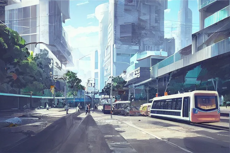 Image similar to “Streetview of a clean modern Metro Manila, good public transport, concept art, artstation”