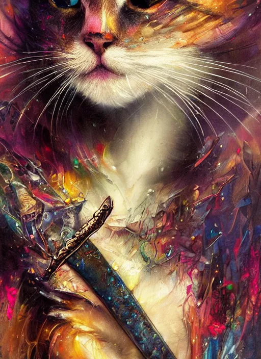 Prompt: a humanoid cat with a sword, Atmospheric beautiful by Stanley Artgerm, Tom Bagshaw, Arthur Adams, Carne Griffiths, trending on Deviant Art, street art, face enhance, chillwave, maximalist, full of color, glittering, 8k, hd