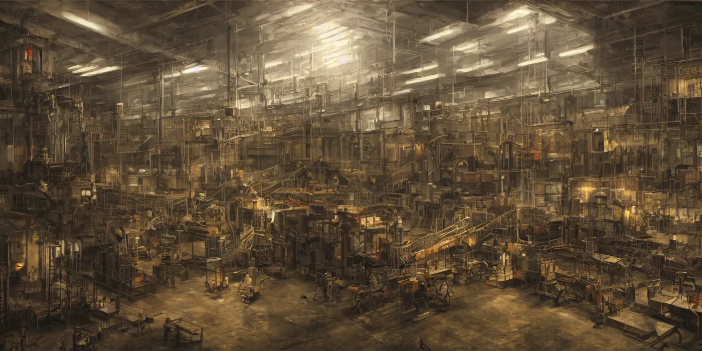 Prompt: modern factory, cinematic lighting, detailed oil painting, hyperrealistic, 8k