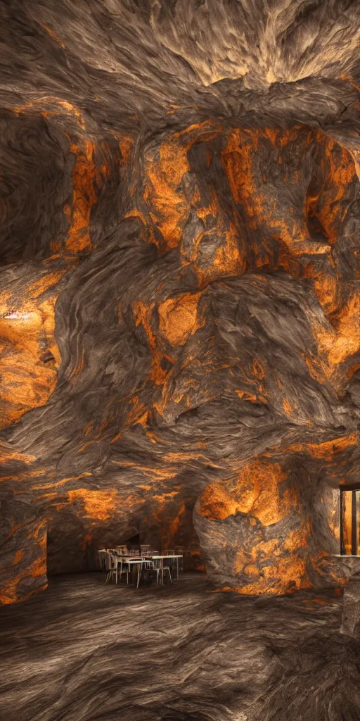 Prompt: inside organic home made of carved magma and lava. thin columns. very low ceiling living room and kitchen. architectural photography. coronarender, 4 k, 8 k. volumetric lighting.