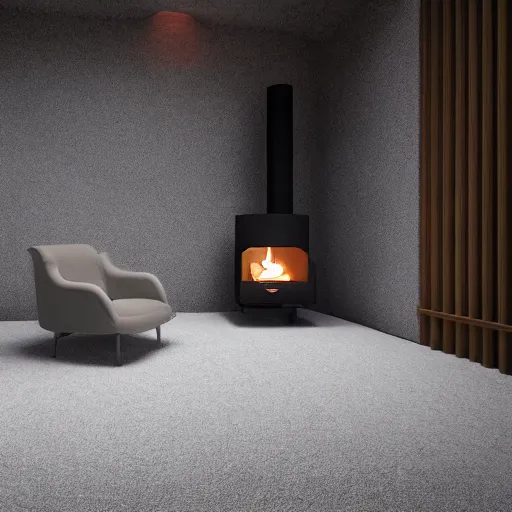 Image similar to two armchairs sitting in front of a cosy fireplace, modern home design interior, octane render, hyperrealistic, concrete archetecture, vray, volumetric lighting, cinema 4 d, unreal engine