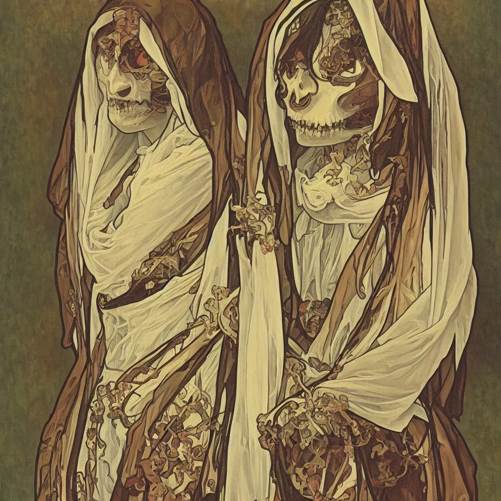 Prompt: a Stunning portrait of a skeleton nun in the style of Realistic,by Alphonse Mucha,oil on canvas