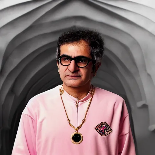 Prompt: jafar panahi, clean shaven, wearing an umbro pink tracksuit and gold necklace with large star shaped intricate gold medallion