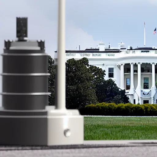 Prompt: a boring machine parked in front of the white house, photorealistic, high definition