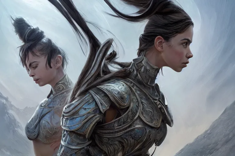 Prompt: a professional portrait of a beautiful young female, clothed in ethereal battle armor, olive skin, long dark hair, beautiful bone structure, symmetrical facial features, vast landscape in the background, intricate, elegant, digital painting, concept art, smooth, sharp focus, finely detailed, illustration, from Valerian and the City of a Thousand Planets, in the style of Ruan Jia and Mandy Jurgens and Artgerm and Greg Rutkowski and William-Adolphe Bouguerea