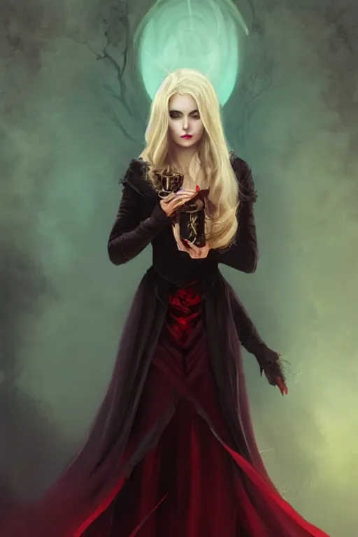 Image similar to beautiful wicked female occultist, sweeping ombre blonde hair, red eyes, portrait, high cheekbones, Victorian, black velvet dress, dark colors, magic Amulet, fantasy painting, trending in Artstation, GSociety, by Charlie Bowater, Brom, Bastien Lecouffe-Deharme